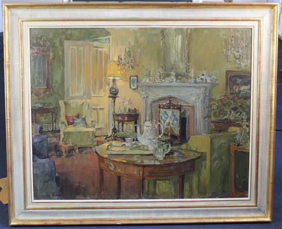 § Susan Ryder (b.1944) Drawing room interior with coffee pot, 30 x 38in.